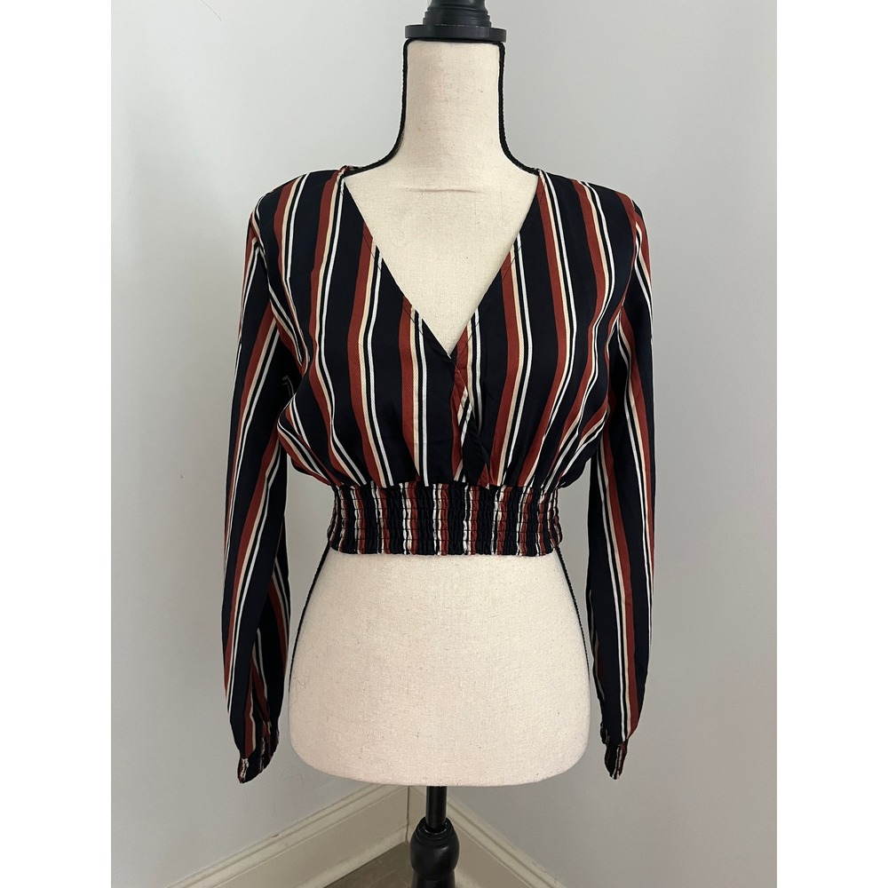 Striped Cropped Blouse Small V-Neck Smocked Long‎ Sleeve Rust Navy Chic Blouse